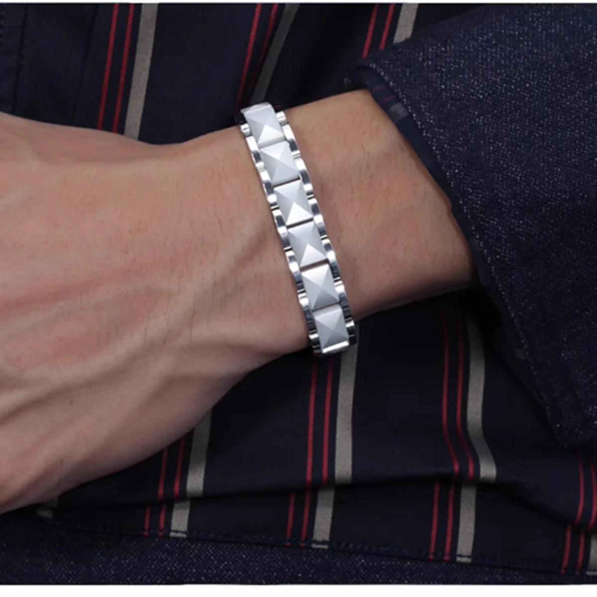ARADOO  Pyramid Design Ceramic Titanium Steel Bracelet for Men Magnetic Hematite Bracelet Jewelry Gifts