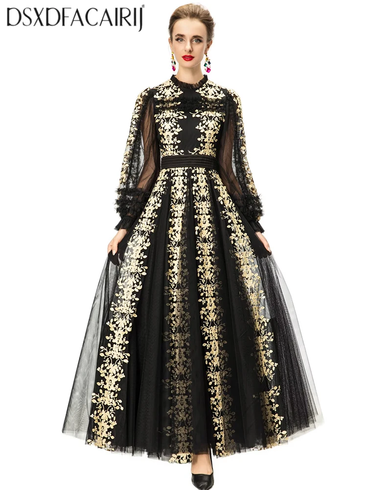 DSXDFACAIRIJ فستان ماكسي شبكي مطرز بالزهور للنساء بياقة واقفة وأكمام واسعة وكشكشة فساتين عتيقة موضة الخريف للسيدات