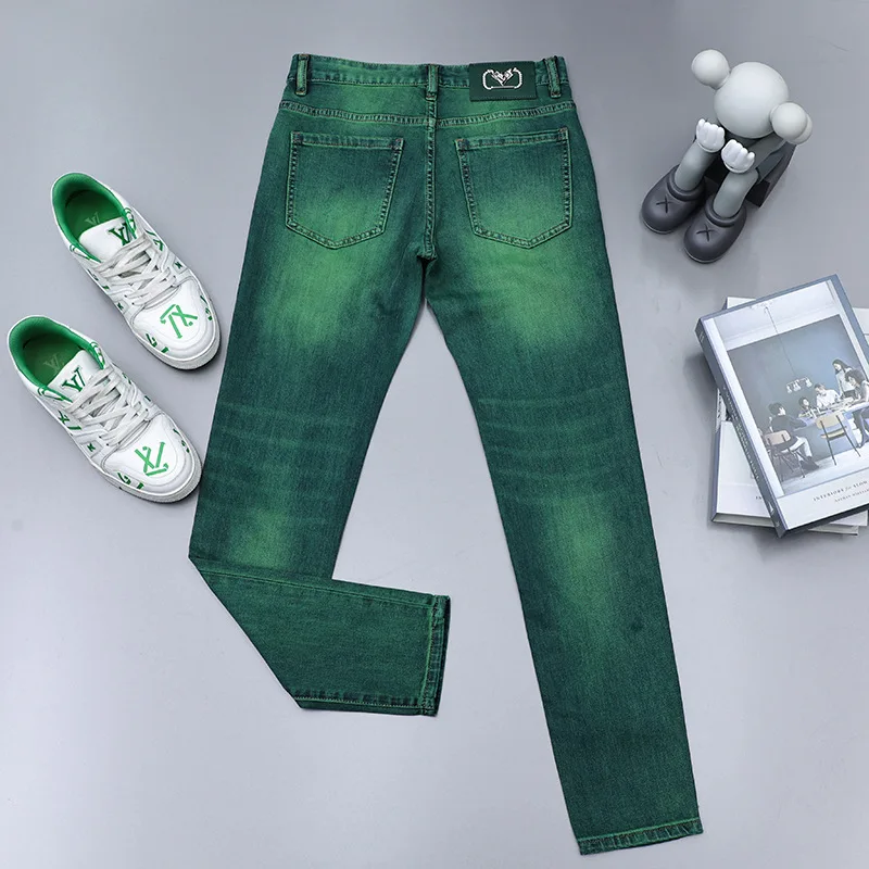 Emerald green jeans men\'s high-end affordable luxury fashion slim fit stretch personality all-matching straight long pants