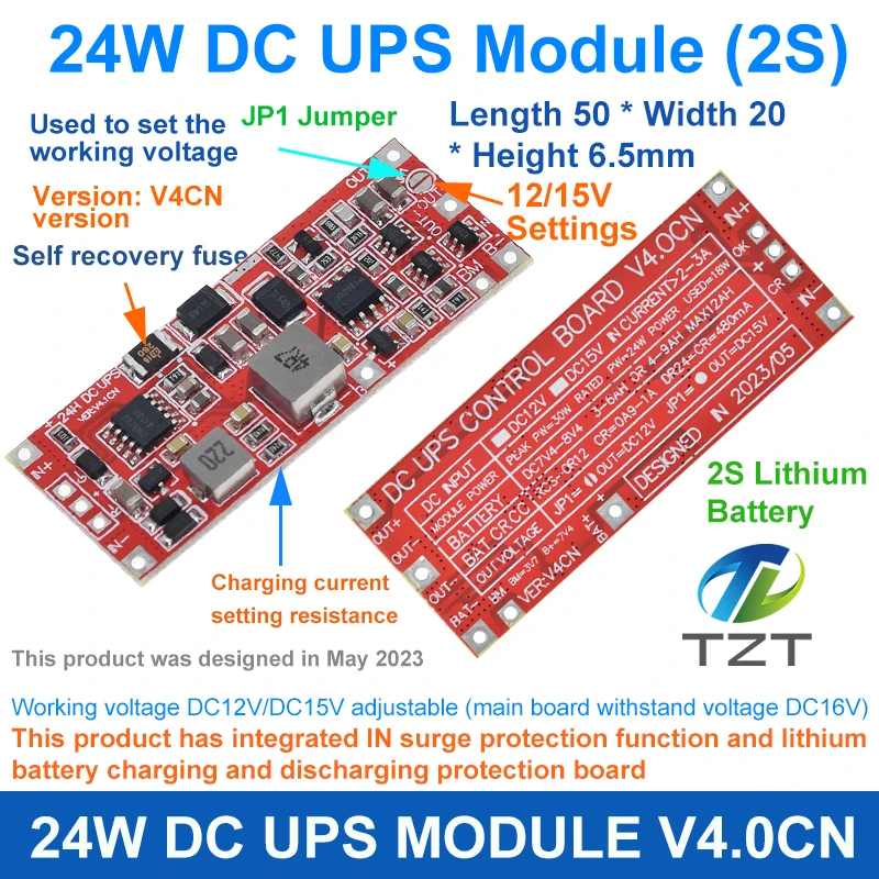 TZT DC 12 В/15 В 24 Вт 1A Модуль источника питания ИБП Плата управления питанием бесперебойного питания 2S V4.0CN Модуль повышения зарядки