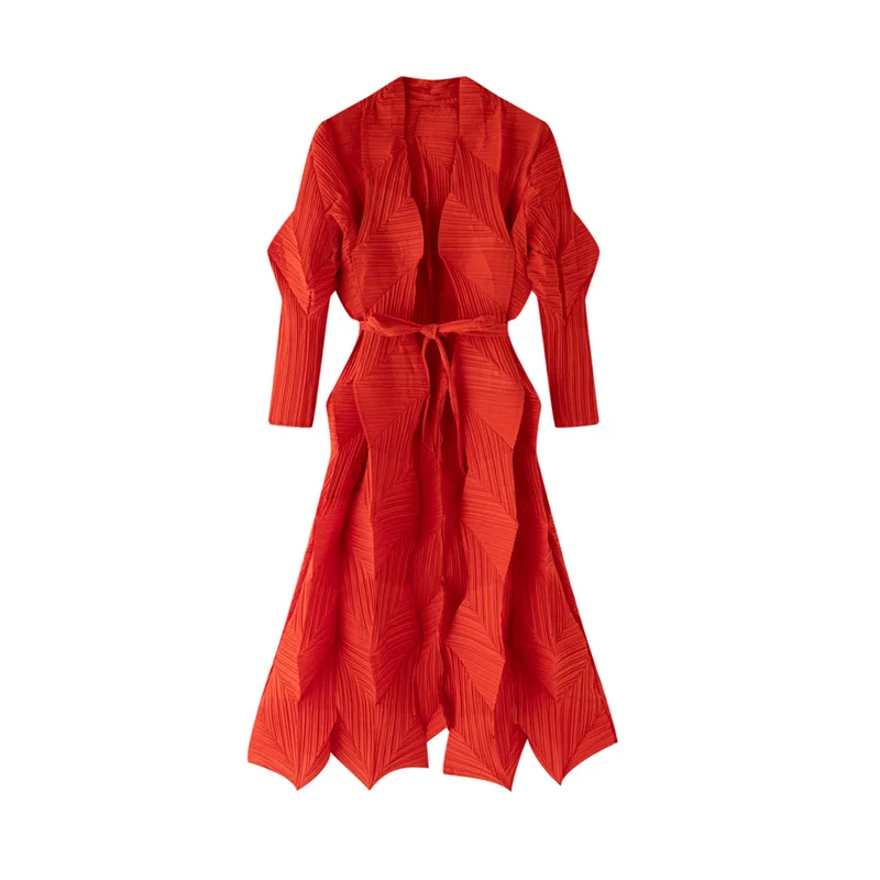 

Miyake Pleated Women Bandage Long Trench Coat 2023 Autumn Lapel Solid Color Open Stitch Long Sleeve Designer Luxury Clothes