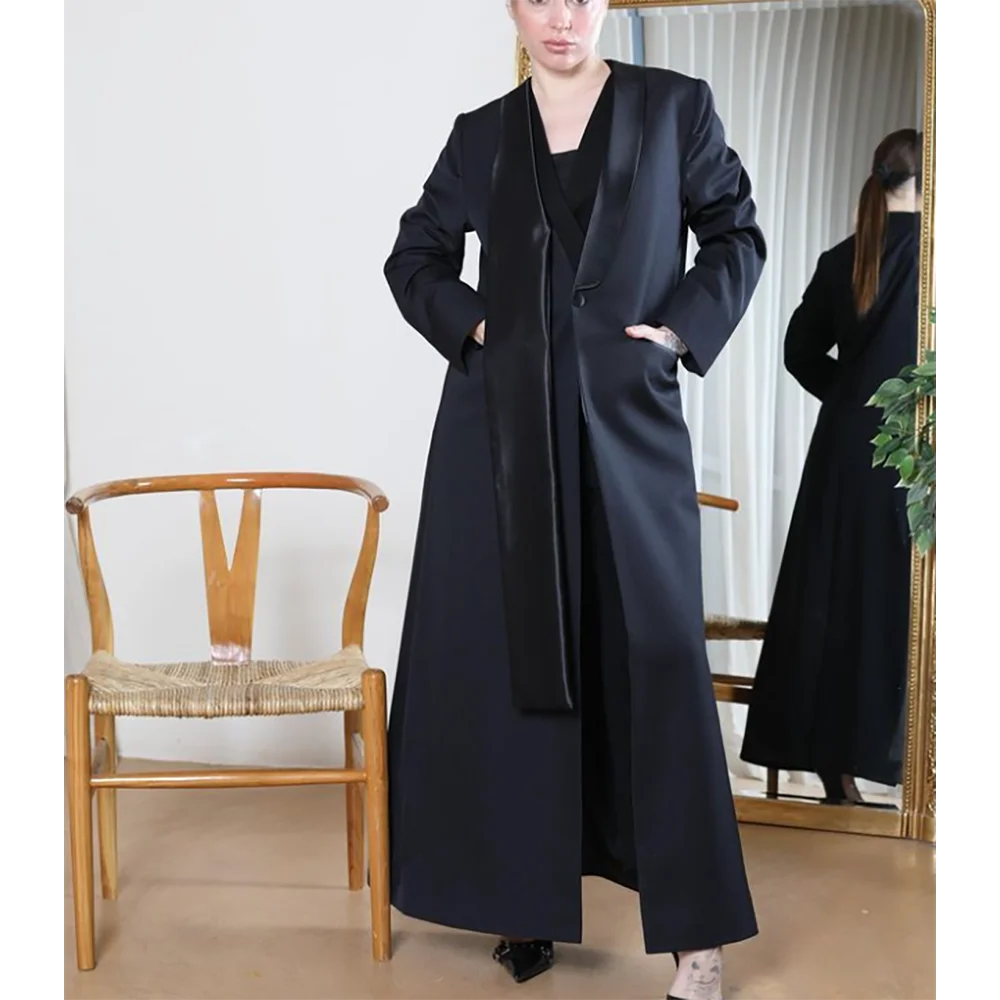 

Fashion Black Women Long Jacket Female Daily Single Buckle Lapel Coat Formal Female Saudi Arabia Dress müslüman elbiseler