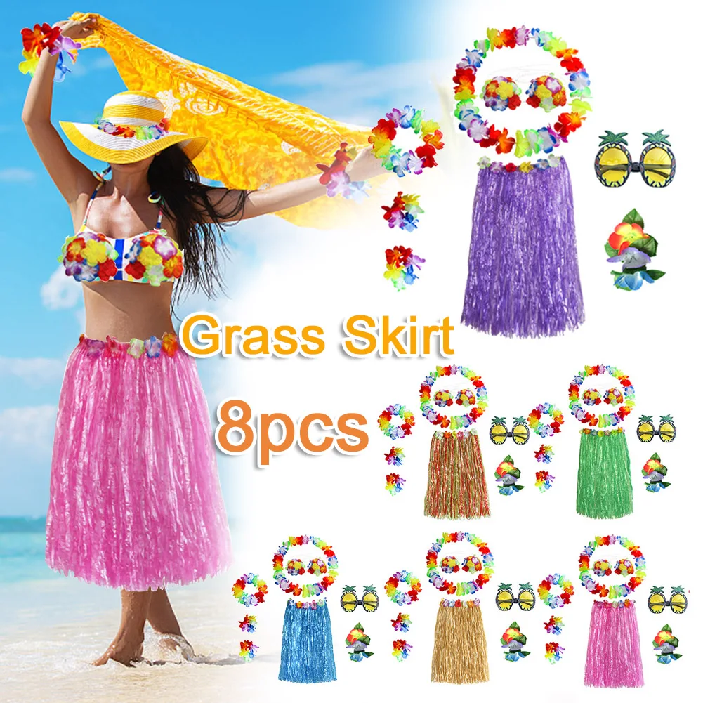 8pcs/set Hawaiian Grass Skirt Costume Set Bikini Top for Women Dress Performance Beach Birthday Tropical Luau Party Decoration