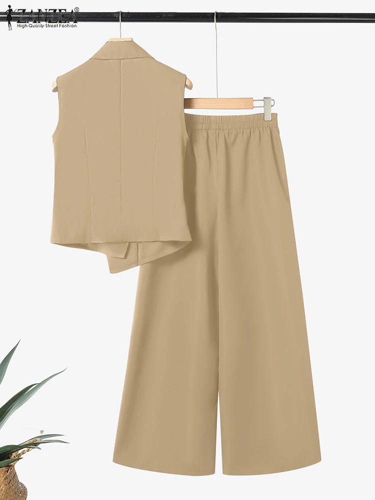 Zanzea elegante lapela pescoço assimétrico coletes topos 2 pçs roupas moda perna larga calça comute feminino conjuntos de calças escritório 2 peça conjuntos