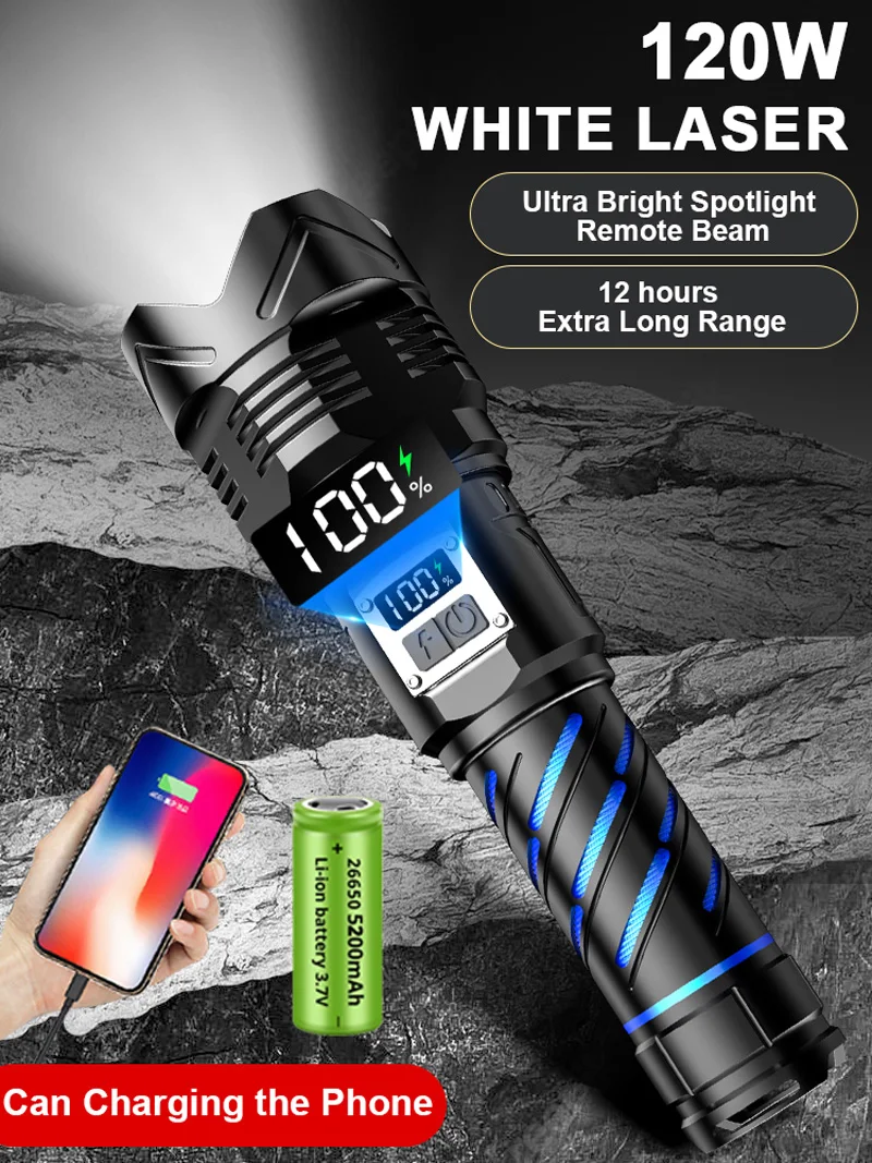 Hot 1200W Super Bright Flashlight LED 7000M Long-range USB Rechargeable Aluminum Torch Zoom Lantern Outdoor With Digital Display