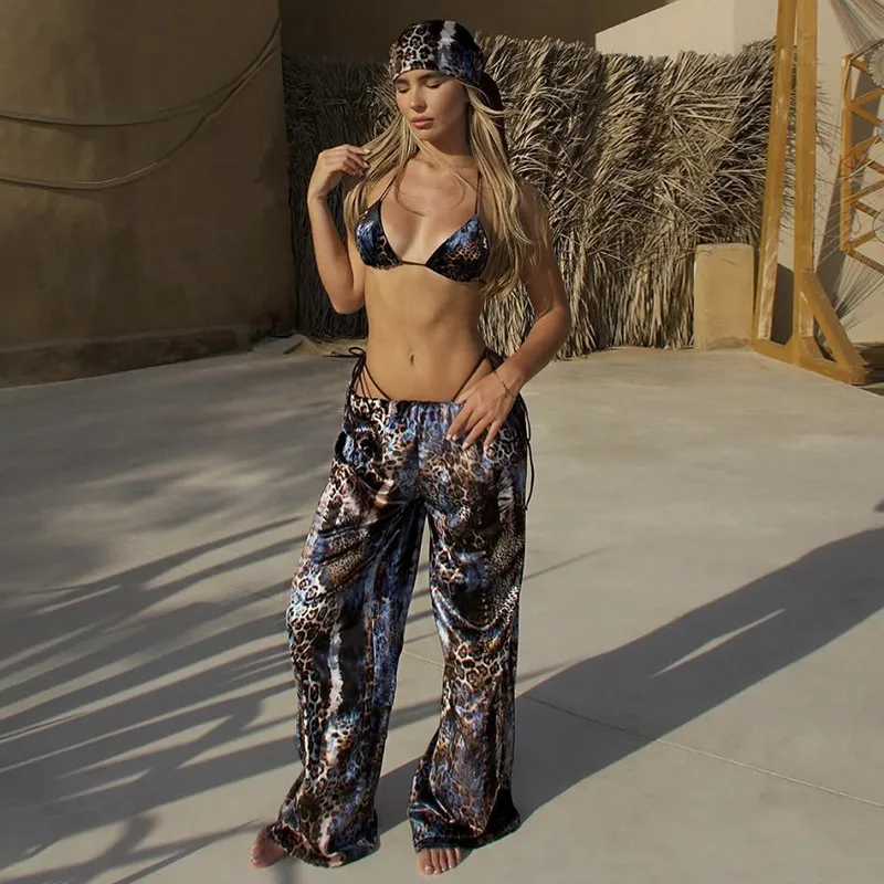 

Women's Clothing 2025 Spring And Summer New Sexy Neck Sling Vest Briefs Leopard Print Trousers Headscarf Four-piece Set