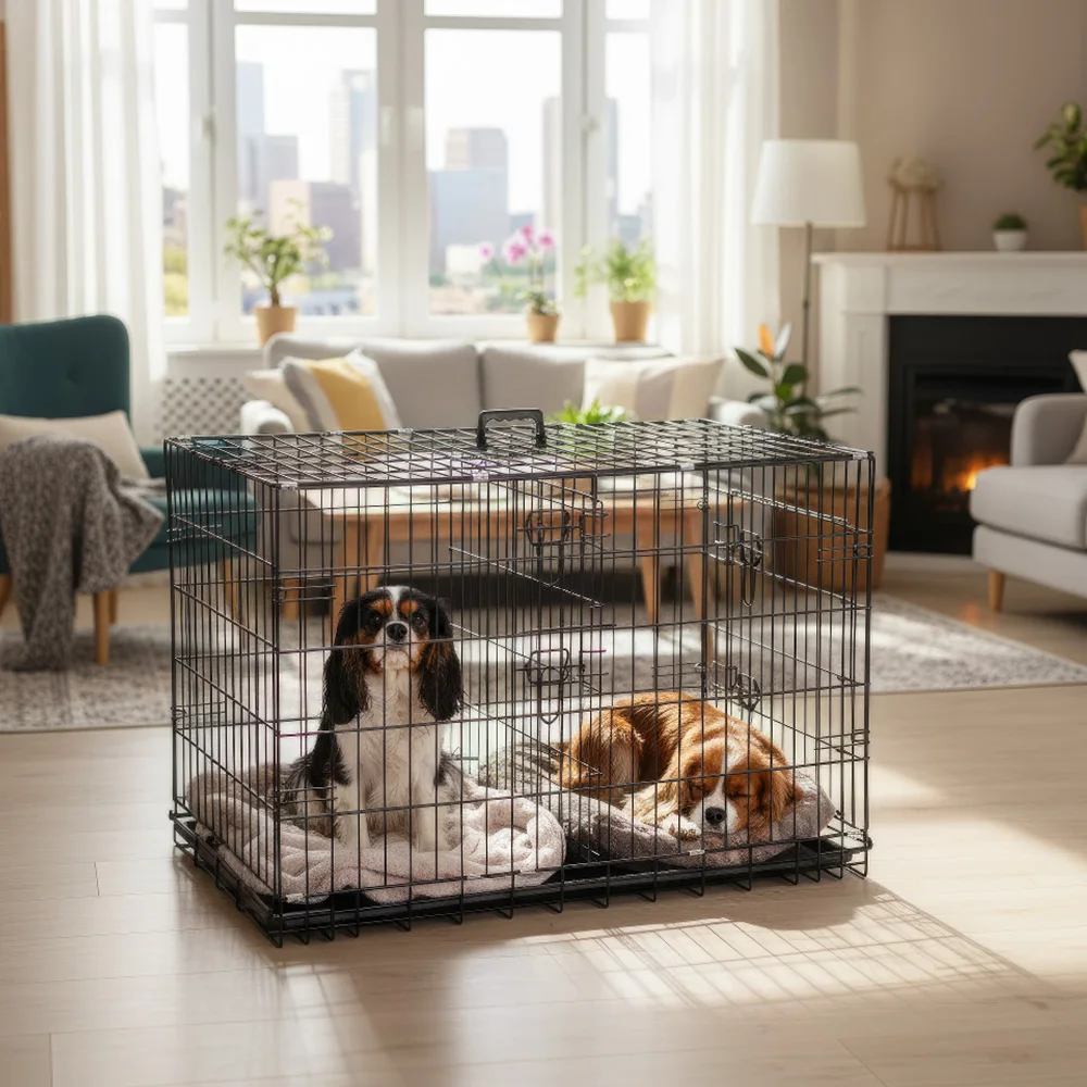 

Ящик для собак, 36-дюймовая складная двойная дверная клетка из металлической проволоки с перегородкой, герметичная сковорода, внутри/на открытом воздухе для мелких средних пород