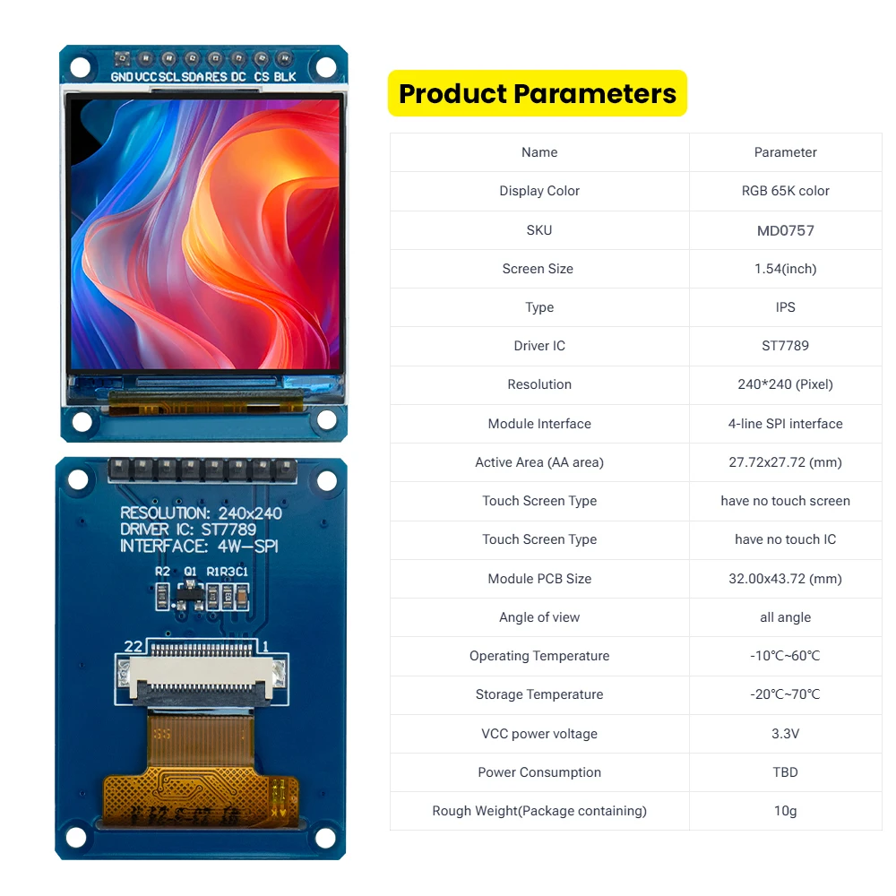1.54 inch 240x240 IPS LCD Display Module Full View Angle RGB 65k Color ST7789 Driver IC SPI Interface For Arduino Without Touch