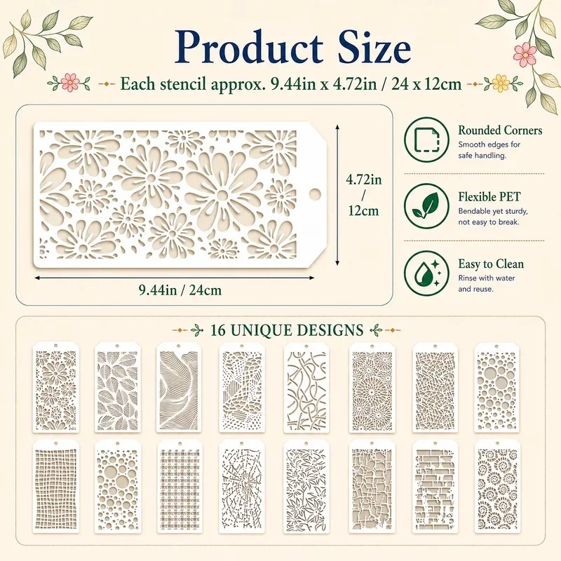 16Pcs Texture Tag Stencils Reusable PET Stencils for Painting Background Pattern Craft Templates Wall Wood Fabric DIY Decor