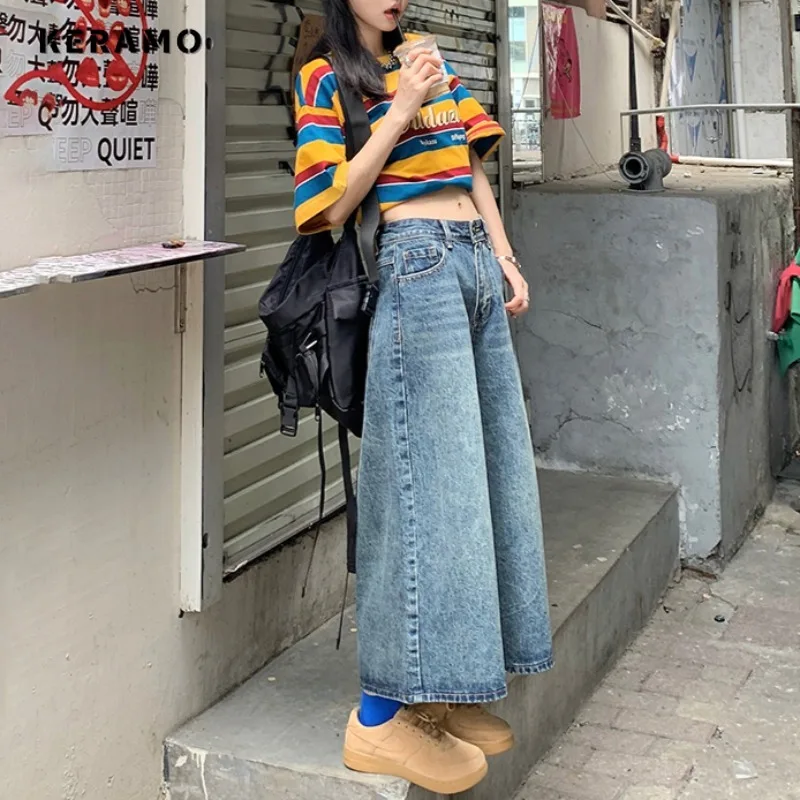 Pantalones Retro americanos de cintura alta hasta la pantorrilla para mujer, pantalones casuales holgados con bolsillo Y2K, pantalones de pierna ancha, ropa de calle Grunge, pantalones de mezclilla sólidos