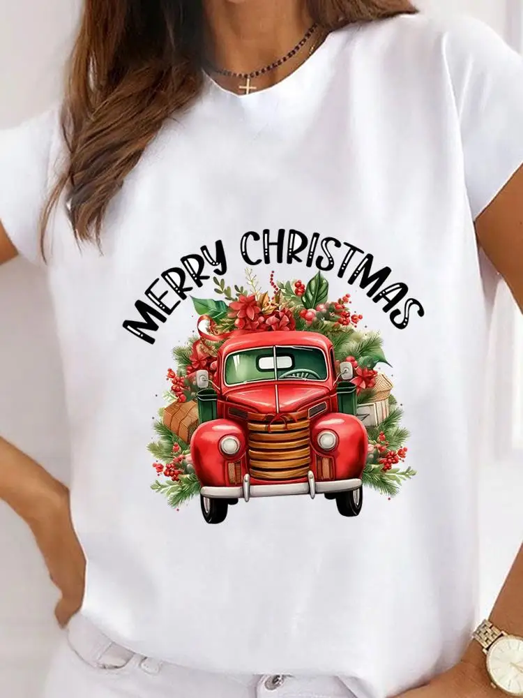 Lovely Truck Style Print Fashion New Year Women T Shirt Top Clothes Short Sleeve Tees Clothing Merry Christmas Graphic T-shirts