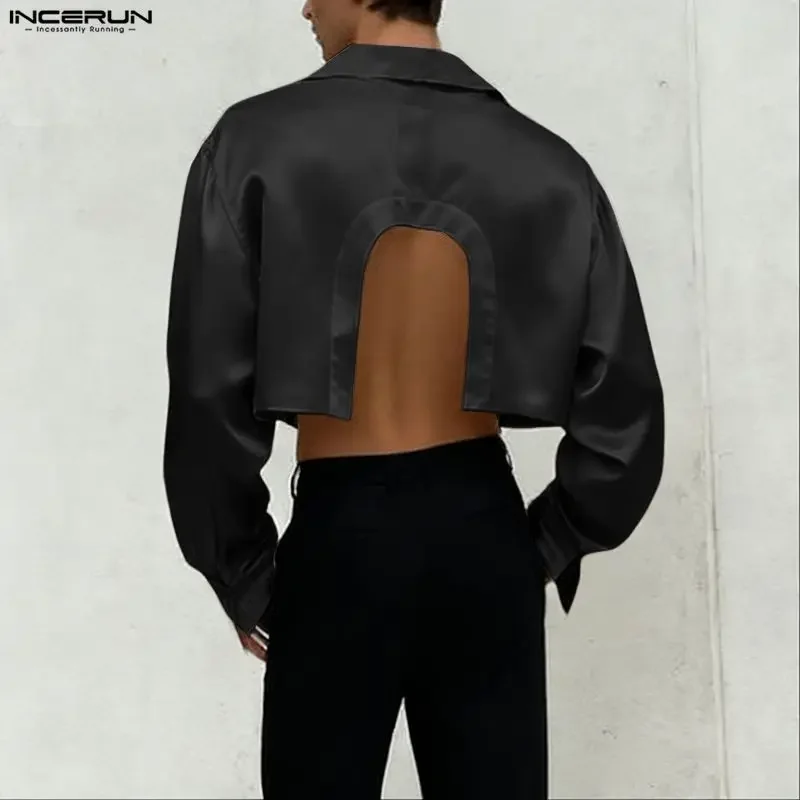 

INCERUN Men Shirt Solid Lapel Long Sleeve Button Casual Male Crop Tops Streetwear Satin Hollow Out Backless Fashion Tops Camisas