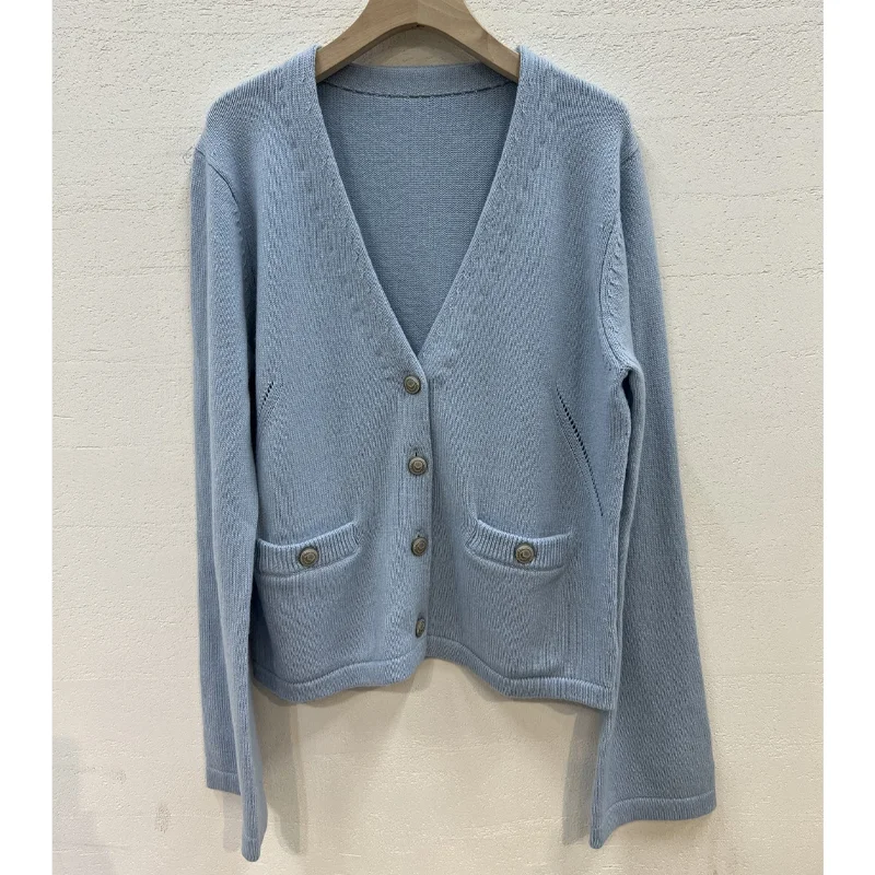 

Female Light Blue Cashmere Cardigan Long Sleeve V-Neck Cashmere Sweater Female Button Thin Black Sweaters Pocket Grey Jumpers
