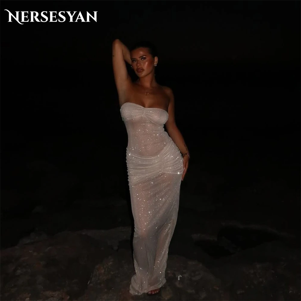 

Nersesyan Luxury Blush Pink Mermaid Glitter Evening Dresses Off Shoulder Sequins Pleats Side Slit Formal Party Gowns Customized
