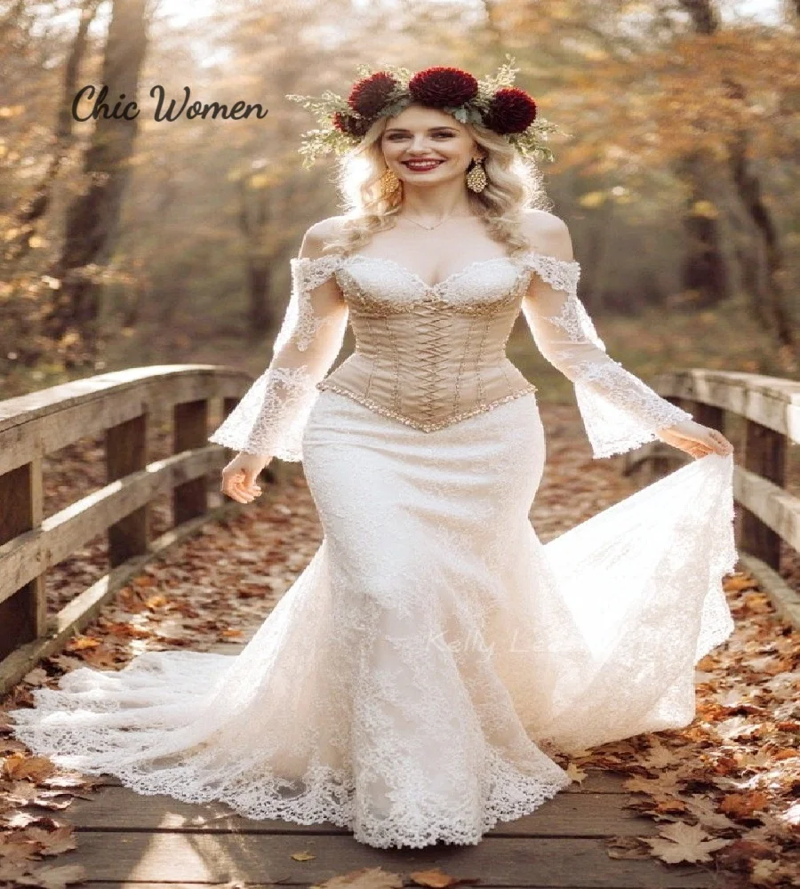 Fairy Mermaid Lace Bohemian Wedding Dress2026 Long Sleeve Lace Gypsy Celtic Bride Dress Gatsby Enchanted Country Rustic Bridal