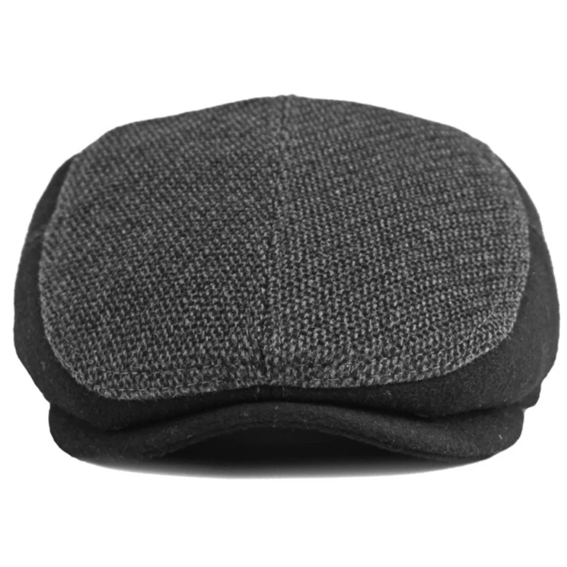 HT4115 Berets Men Cap Thick Warm Wool Beret Hat with Ear Flap Retro Flat Cap Male Ajustable Autumn Winter Beret Cap