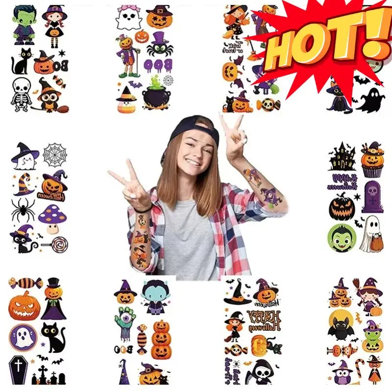10 Sheets Halloween Pumpkins Tattoo Sticker Temporary Fake Tattoo Water-Resistant Body Art for Arm Hands Party Toy Gift