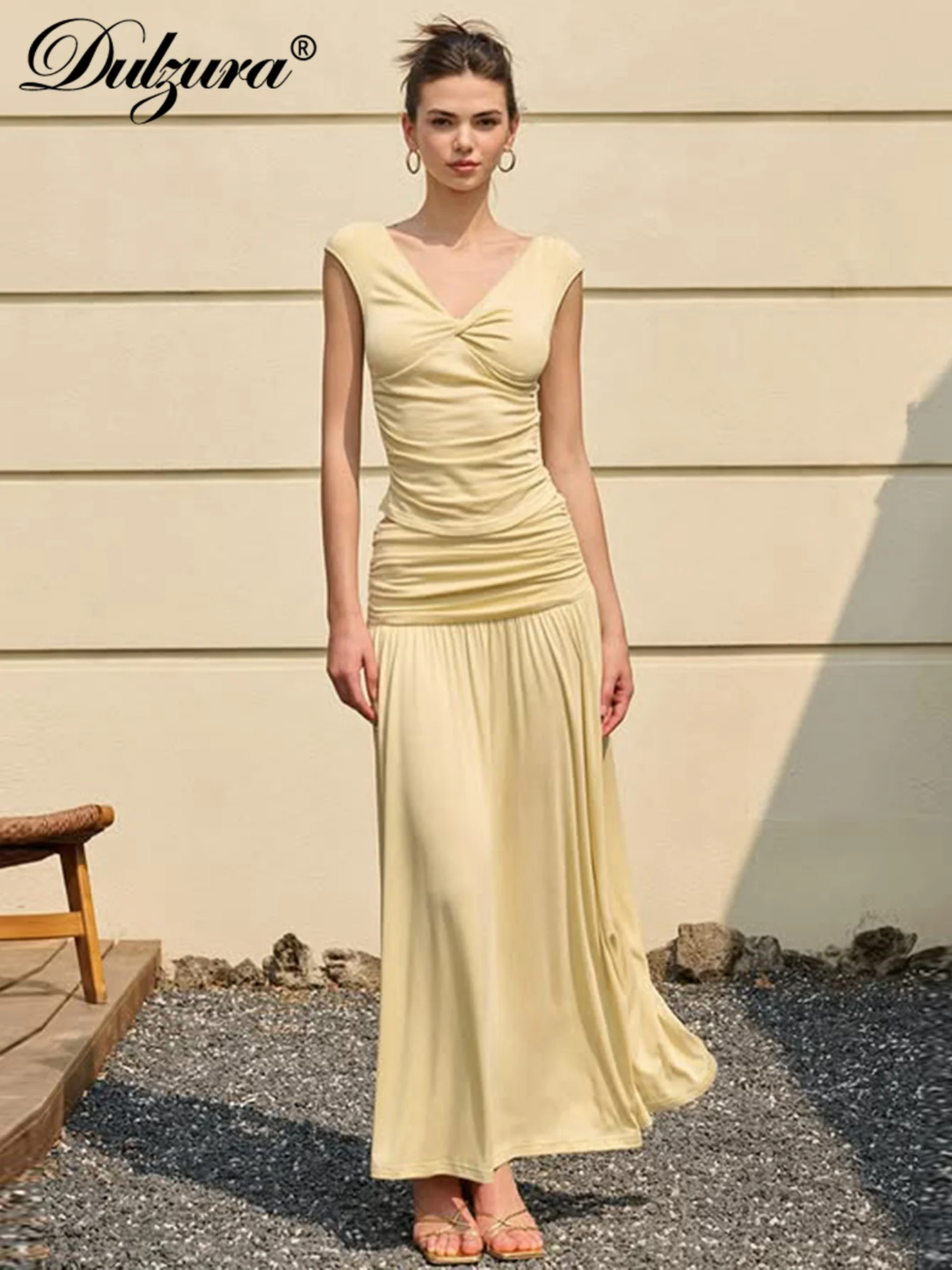 

Dulzura однотонный сексуальный элегантный комплект из двух предметов с рюшами и юбкой, тонкий топ без рукавов с v-образным вырезом, плиссированная длинная юбка, одинаковый комплект, наряд для вечеринки и клуба