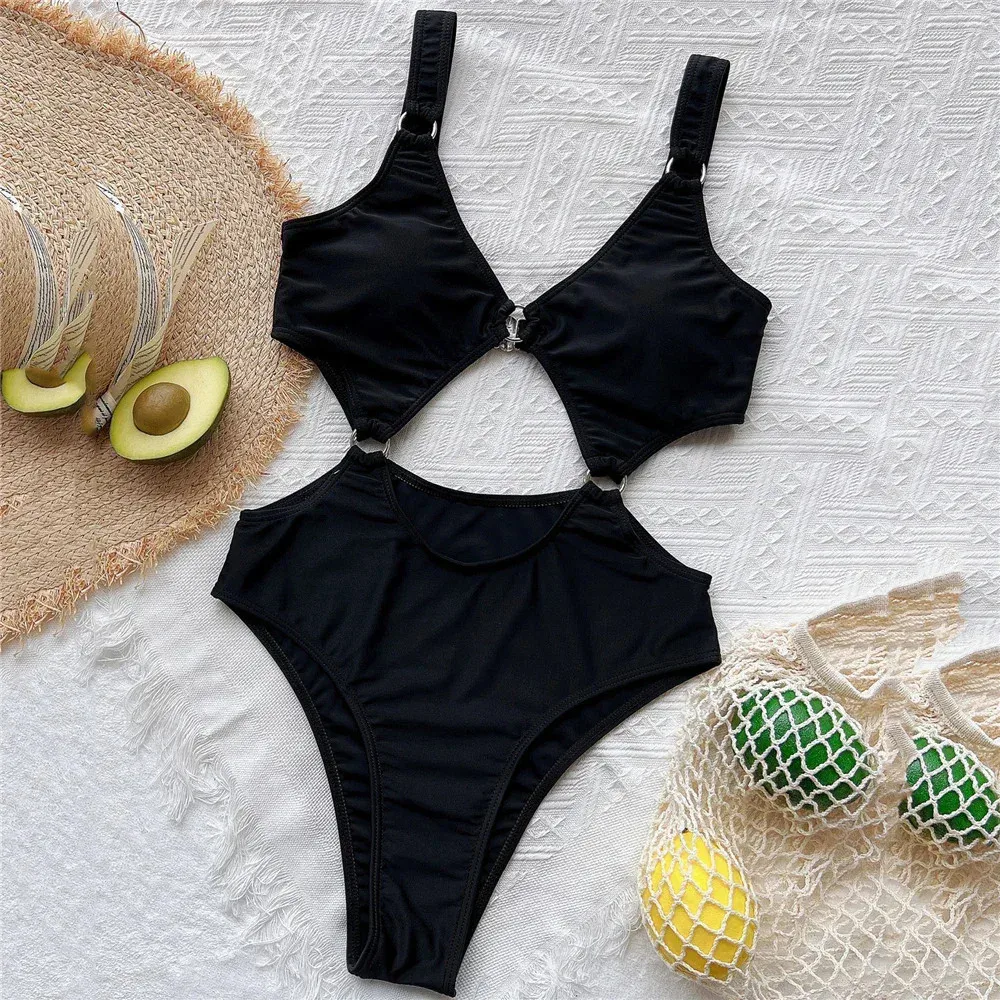 Solid Black Backless Sexy Swimsuit Women 2026 One Piece Swimwear Hollow Out Monokini Metal Ring High Cut Bathing Swimming Suit