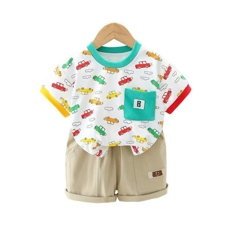 

Fashion Baby Boy Summer Set 2025 Korean Pocket Letter Car Short Sleeve T-shirts and Shorts Boys Infant Clothes Kids Suit Outfits