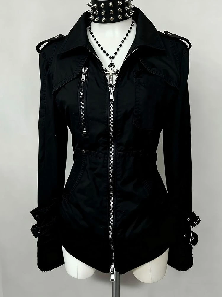 Gothic Lolita Y2K Streetwear Jacket Women Vintage Biker Zip Buckled Cuffs Cross Charm Slim Fit Harajuku Alternative Fashion 2026