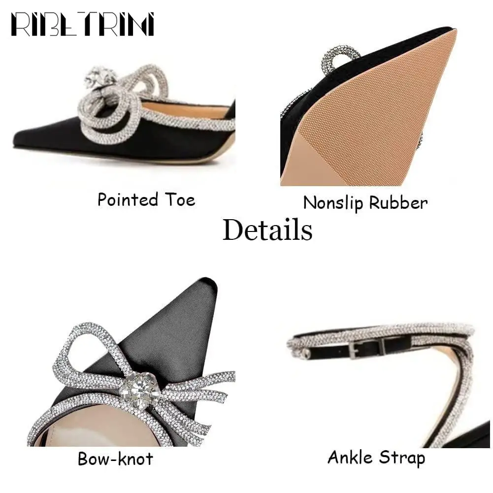 Crystal Double Bow Heels Sandals For Women Satin Poited Toe Ankle Strappy Slingback Pumps Shoes Women Summer Dress Wedding