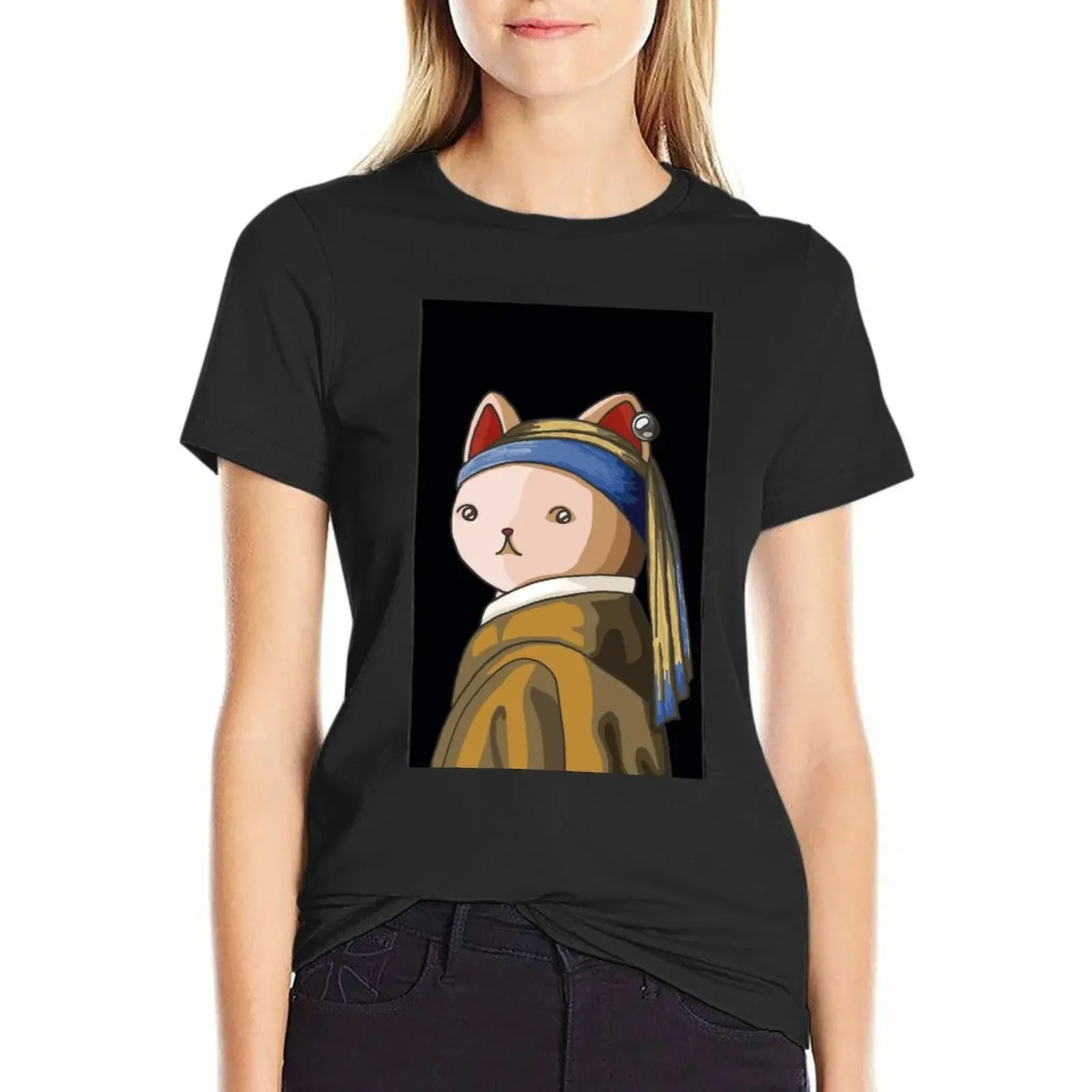 

Cat With A Pearl Earring T-Shirt sublime graphics summer top heavyweights t-shirts for Women loose fit