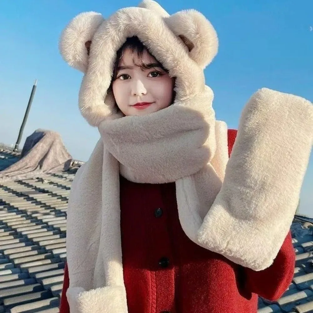 

NEW 3-in-1 Bear Ear Hat Scarf Gloves Windproof Ear Protection Neck Warmer with Mittens Fluffy Hooded Scarf Outdoor