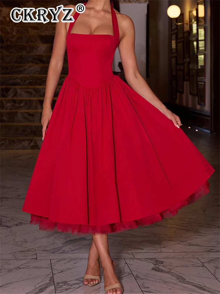 Senhoras verão 2 camadas elegante vestido de festa à noite feminino sem mangas sem costas halter maxi vestidos clube streetwear roupas femininas