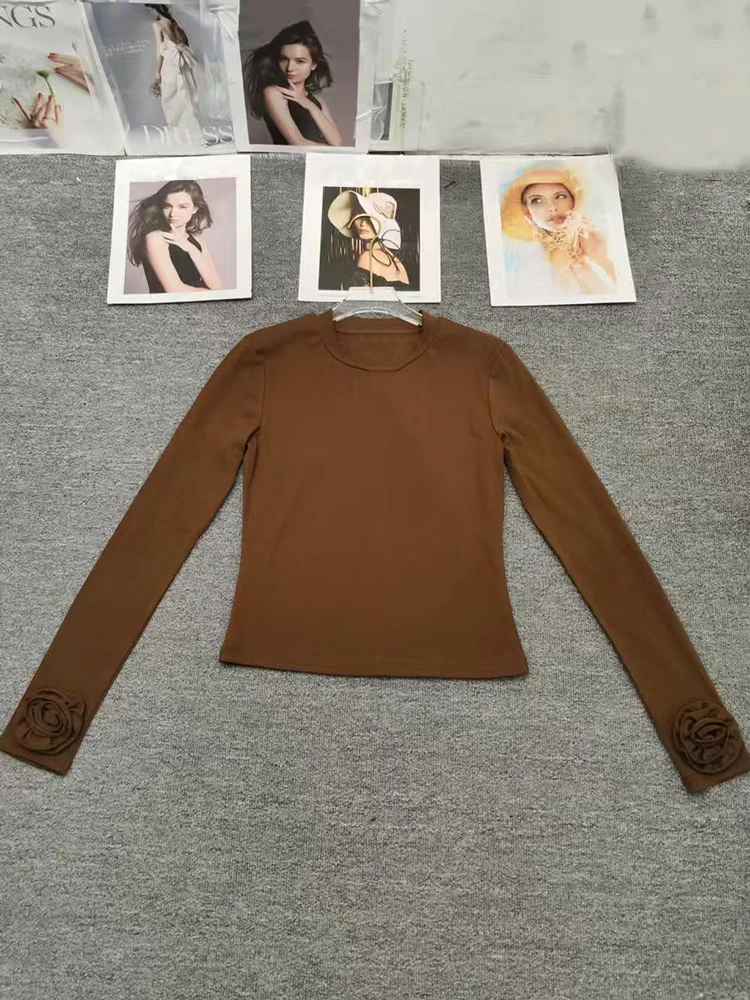 

Дизайнерская футболка в стиле ретро с длинными рукавами и аппликацией с круглым вырезом на осень 2024, женский модный универсальный вязаный пуловер