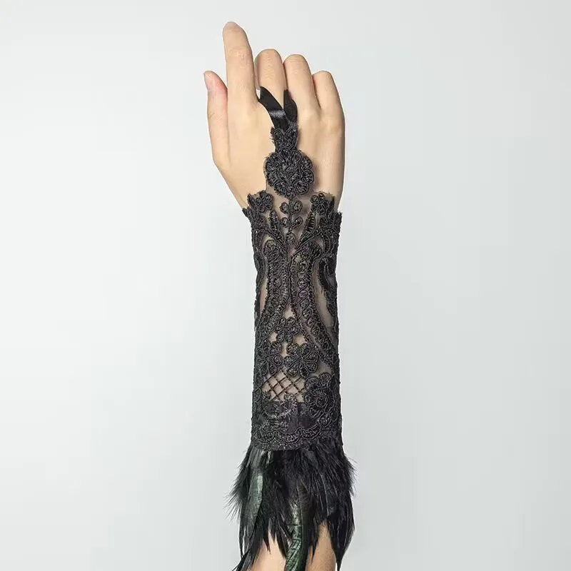 Fashion High Quality Elegant Long Lace Gloves Fingerless Elbow Wedding Bride Gloves Halloween Elegant  Accessory With Feathers