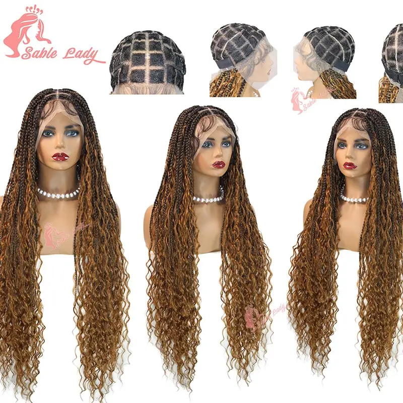 بوهو البوهيمي صندوق الضفائر شعر مستعار مضفر الزنجبيل البني كامل الدانتيل بوهو شعر مستعار مضفر الاصطناعية مجعد الشعر مع شعر الطفل للنساء السود