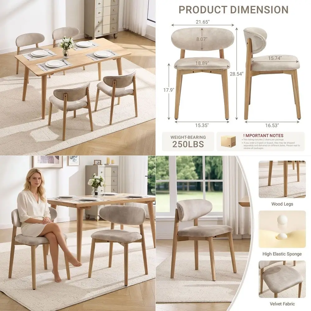 

Dining Chairs Set of 4, Mid Century Modern Wooden Dining Chairs, Upholstered Kitchen Chairs with Curved Backrest, for Home, Res