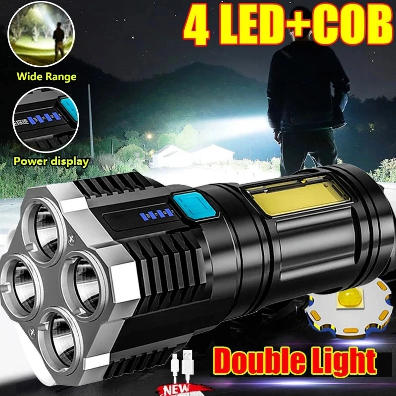 

Portable USB Rechargeable LED Flashlight with COB Side Light Powerful 4 Lighting Modes Torch Camping Tool Searchlight ABS Lights