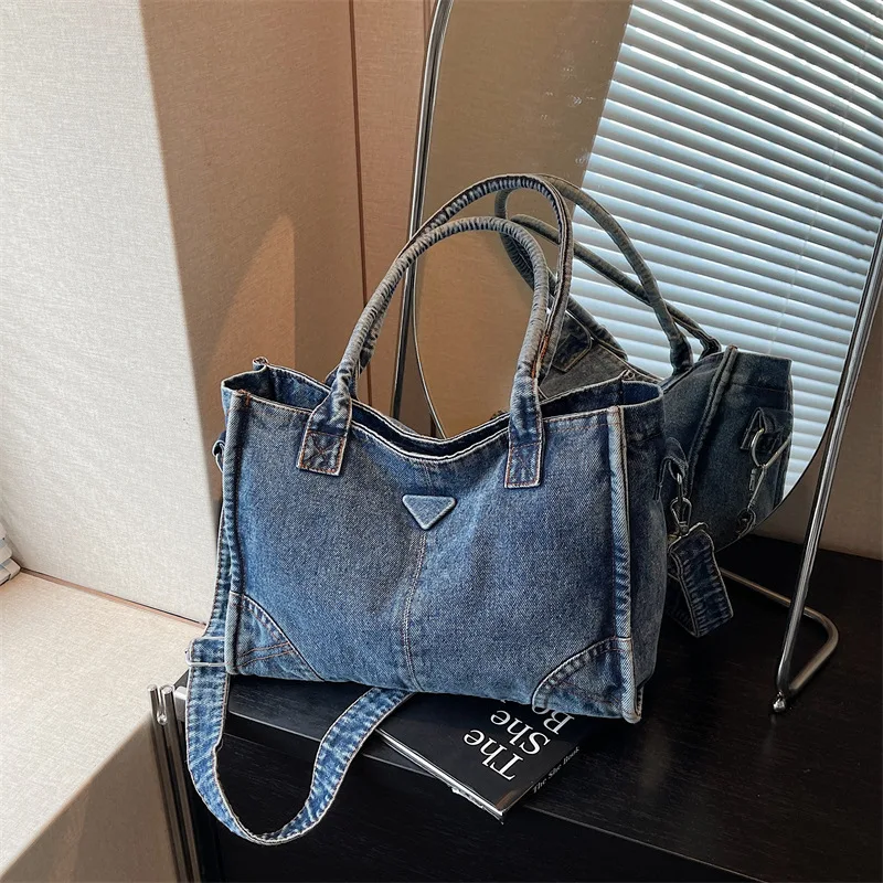 Fashionable Denim Tote Bag Retro Commuter Underarm Bag Stylish Crossbody Bag Hong Kong Style Versatile Bag Pure Color Stitching