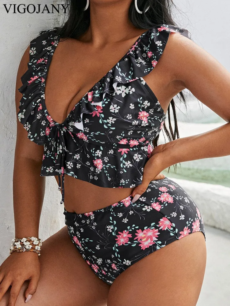 VigoJany 2025 Print Verge Strapped 2-częściowe bikini Plus Size Kobiety Push Up Duży kostium kąpielowy Wysoka talia Plaża Chubby Strój kąpielowy