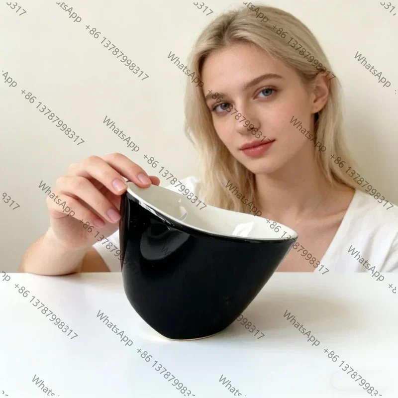 350ml Black Wobble Porcelain Tea Cup with Built-in Strainer, Unique Tilt Design Teacup, Gift for Tea Lovers