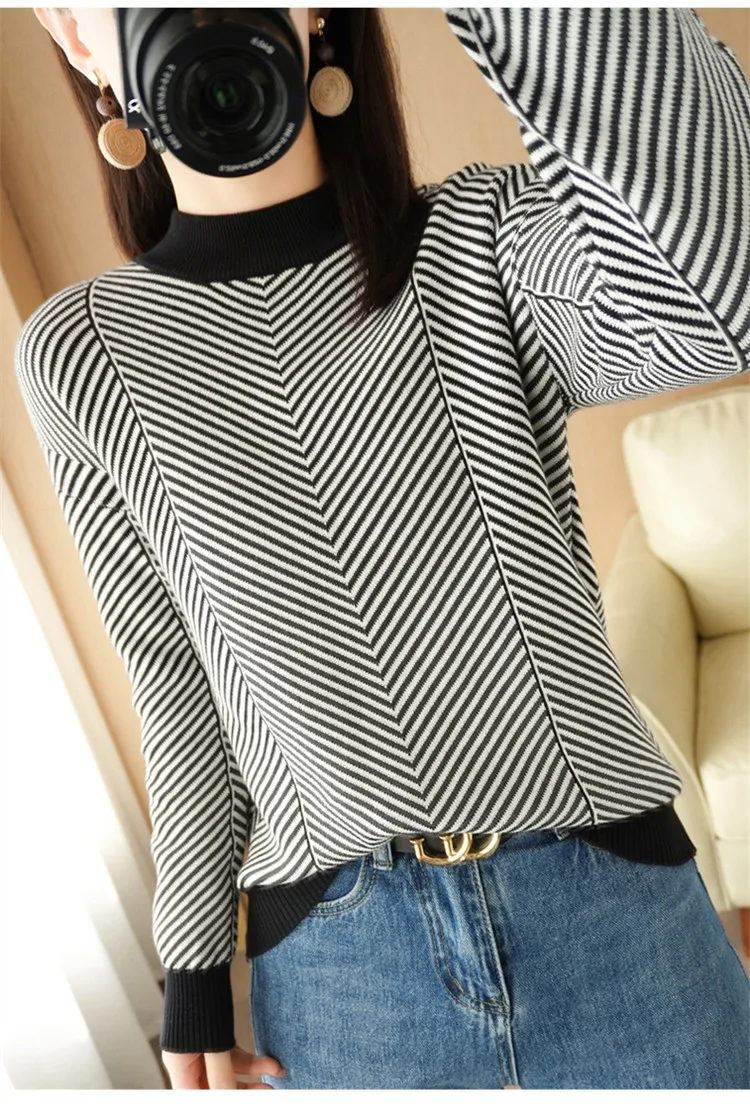 Women's autumn and winter 100% pure cotton knitted semi high neck pullover casual striped warm sweater fashionable hot selling