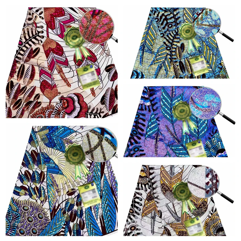 

New African Grand Golden Wax Fabric Ankara Glitter Golden Real Wax Soft Flash Gold Print Batik Shine Pagne For Sew 6yards