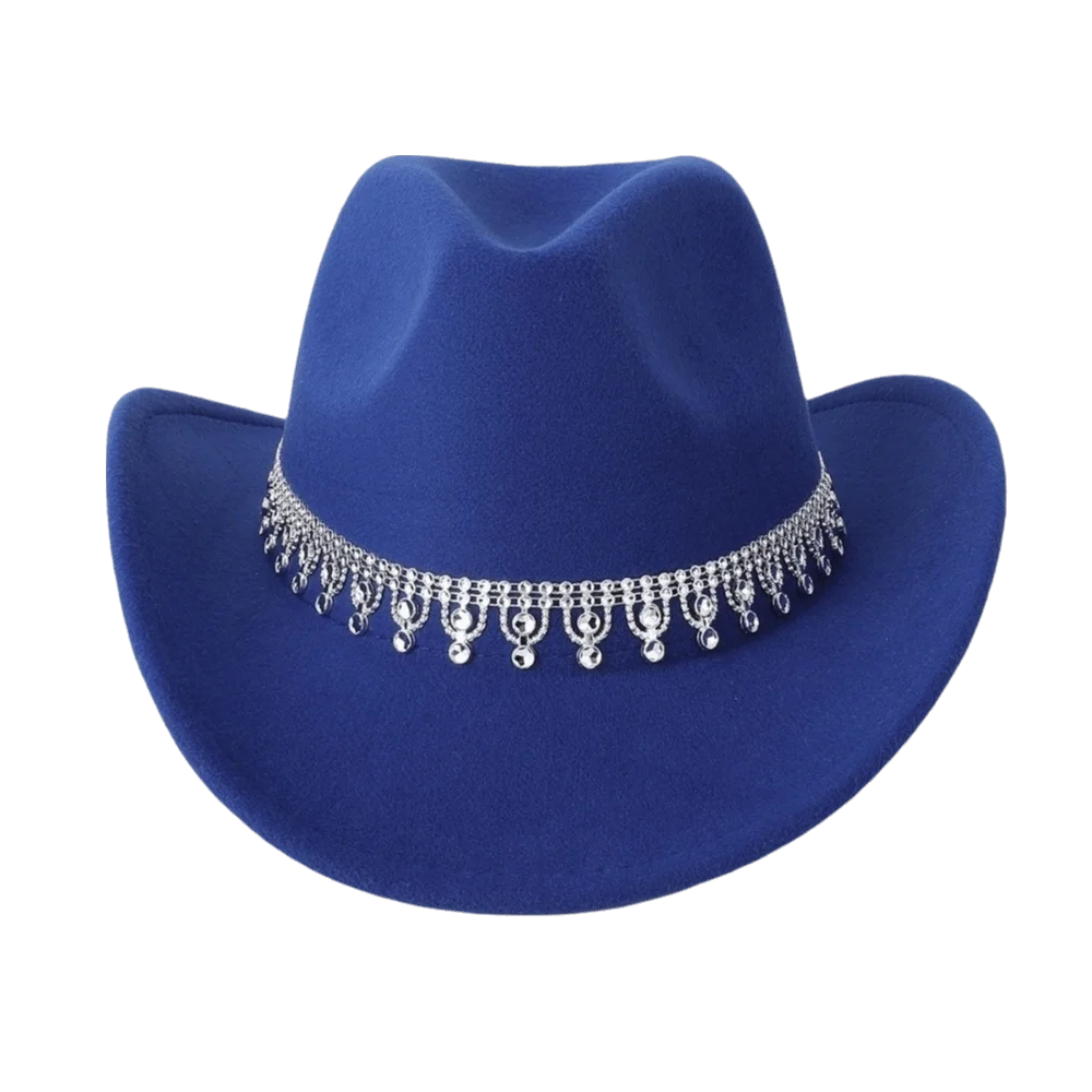 Classic Sparkling Western Cowboy Hat Curved Wide Brim Non-Elastic Felt Fedora Hat Rhinestone Decoration Breathable Top Hat Men