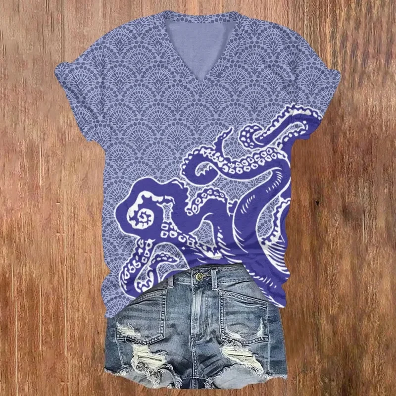 Unisex Ocean Fantasy Octopus Tentacles Pattern Print Short Sleeved V-neck T-shirt Summer Women's T Shirts