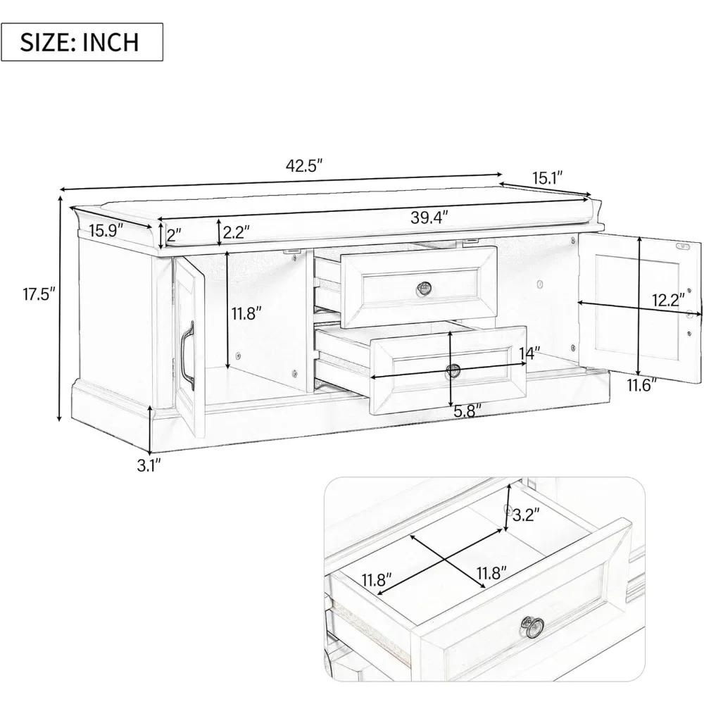 42″ Storage Bench with 2 Drawers and Cabinets，Multipurpose Entryway Shoe Rack W/Removable Cushion，for Living Room Hallway Porch