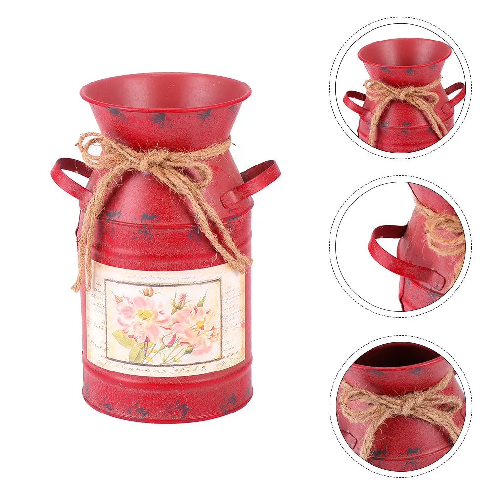 2Pcs Retro Flower Bucket Iron Flower Vase Galvanized Tin Vase for Floral Arrangement Home Decor Red
