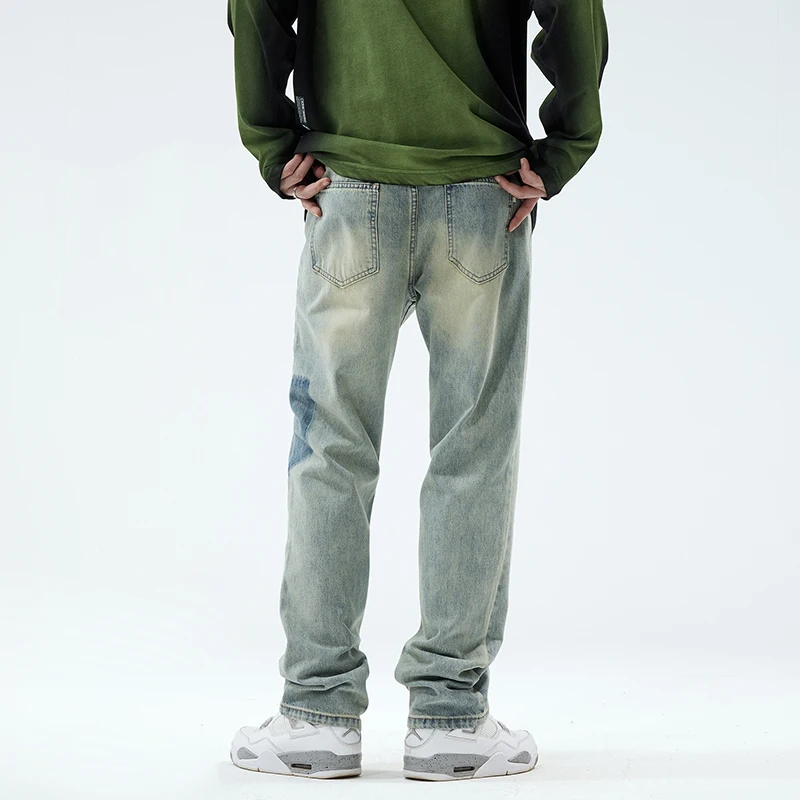 Washed retro vintage denim jeans men's loose straight leg American high street pants cargo pants streetwear men clothing