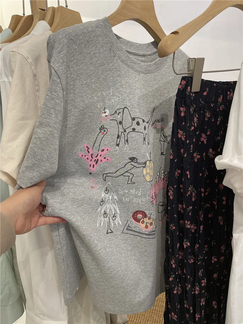 Fun Hand-Drawn Graffiti Print Loose round Neck Short Sleeve T-Shirt Women's Summer New Style Age-Defying Korean Style Cotton ...