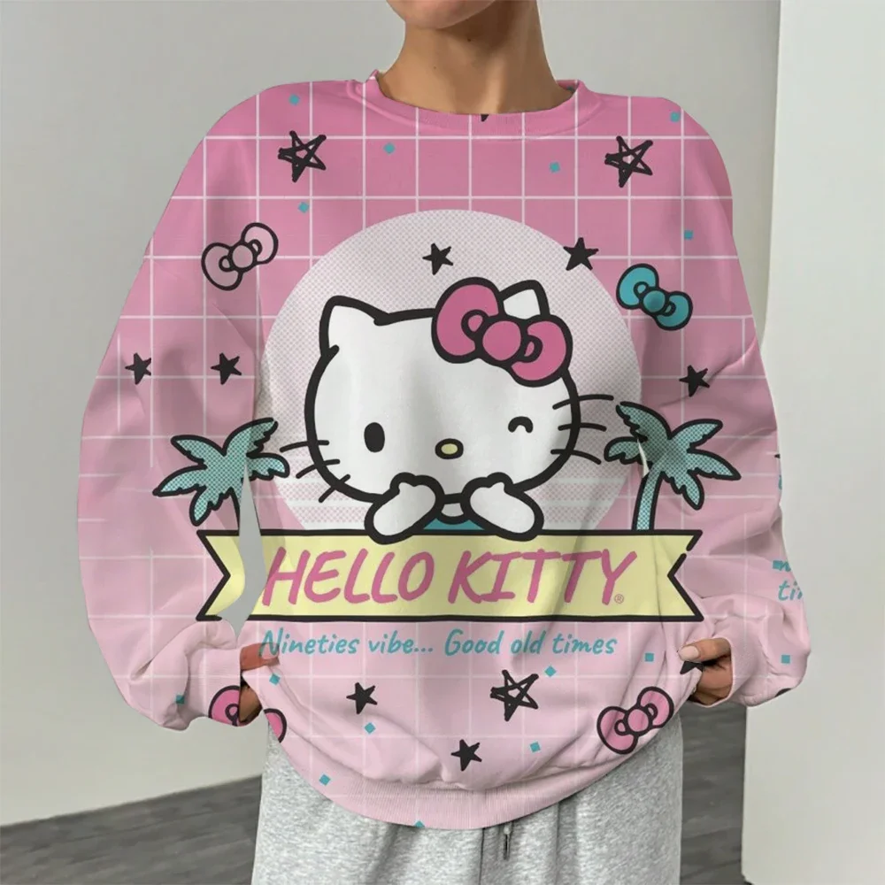

Женский пуловер с рисунком «Hello Kitty», аниме, осенне-зимняя женская толстовка с круглым вырезом, одежда, новая модная толстовка с капюшоном для пар, топ