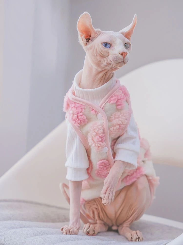 Warm Sweater Vest for Sphynx Cat Hairless Cat Clothes Sweet Pink Coat in Winter Coat Thicken Fleece Jacket for Kittens