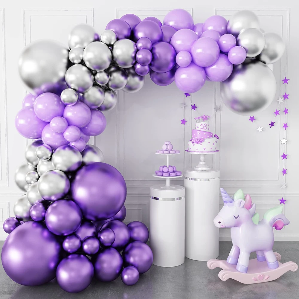 1Set Purple Lavender Balloon Garland Kit Arch Metallic Silver Purple Balloons Birthday Party Bridal Baby Shower Wedding Decor