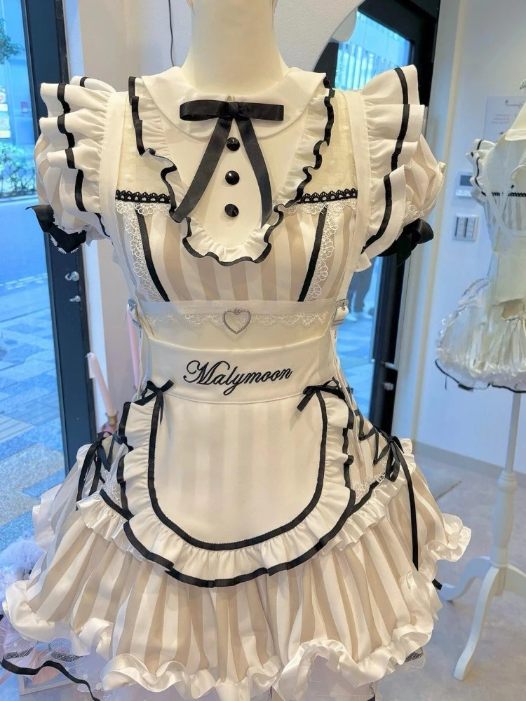 

Japanese Kawaii Sweet Cosplay Maid 2 Piece Set Women Y2k Bubble Sleeves Bow Tops + Puffy Skirt Strap Harajuku Chic Lovely Outfit