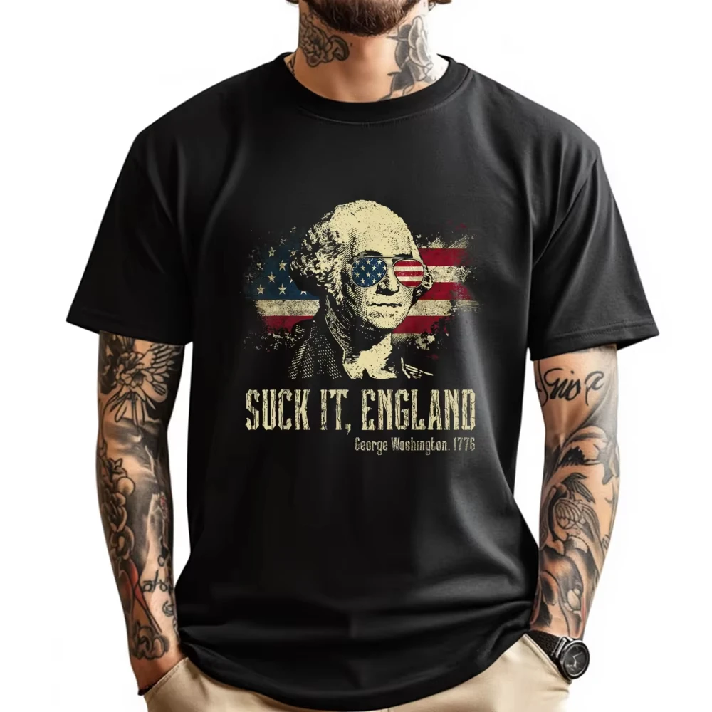 

Motorcycle 2025 England Funny George Washington 1776 USA July 4th Printed Cotton T-Shirt Men's Holiday